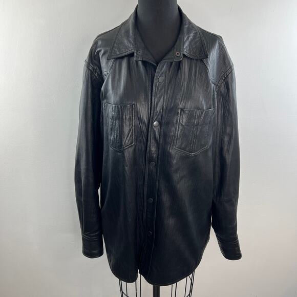 Jhane Barnes Black Western Shirt Jacket Soft Lamb Leather Snap-Button Sz 42 RARE - Picture 2 of 11